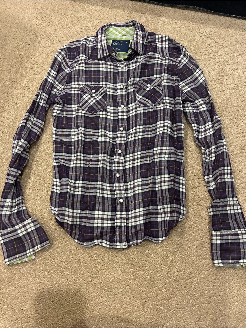 American Eagle Outfitters Purple & White Plaid Button-Down Shirt